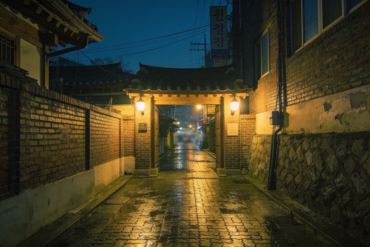 강남 골목길 입구와 가로등이 켜진 밤 풍경